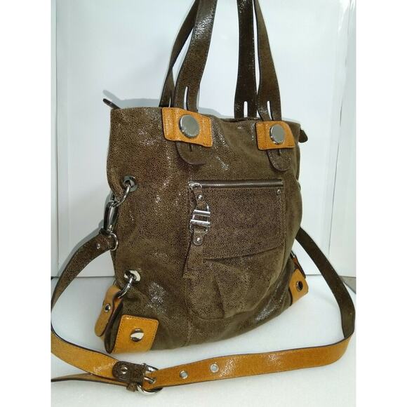 B. Makowsky Brown Metallic Leather Large Satchel Shoulder Bag - Picture 1 of 12